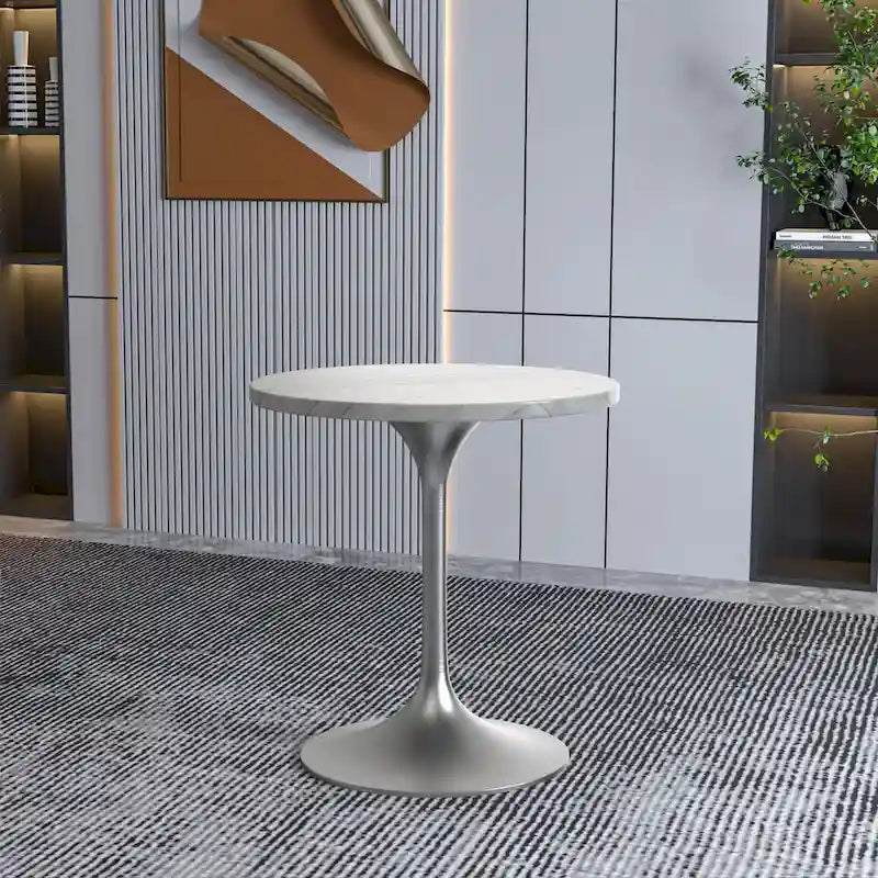 Table à manger ronde en pierre frittée de 27" avec pied central en acier brossé