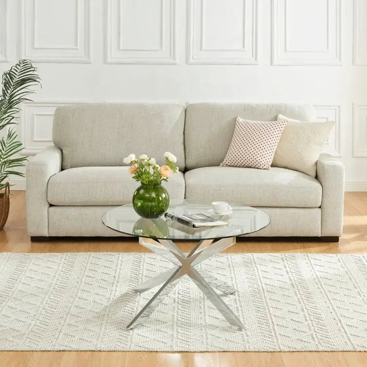 Table basse ronde en verre trempé avec pieds tubulaires en métal