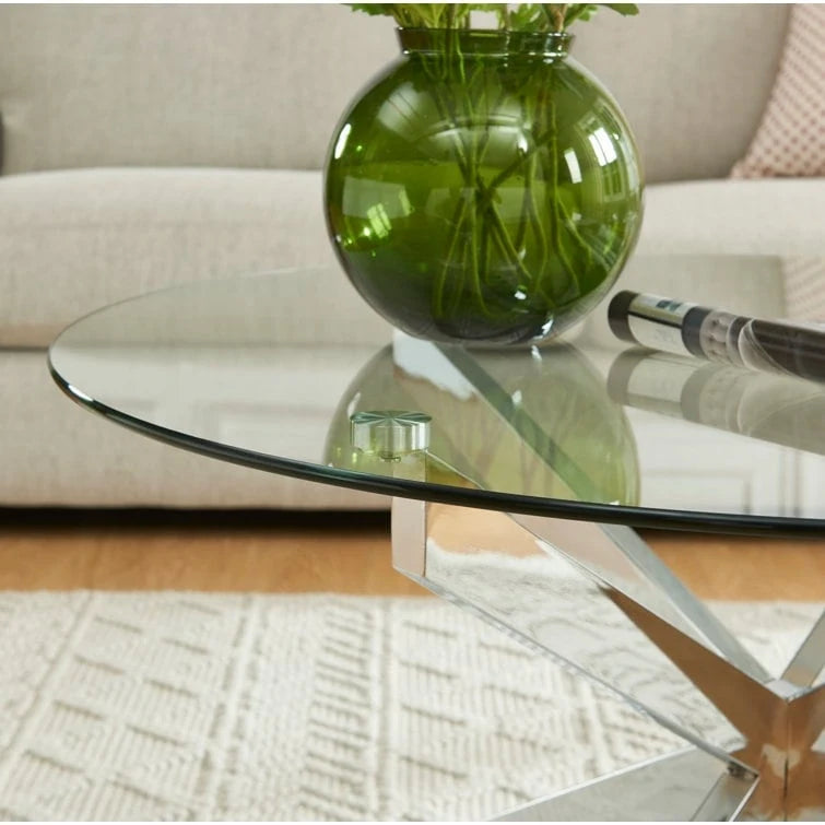 Table basse ronde en verre trempé avec pieds tubulaires en métal
