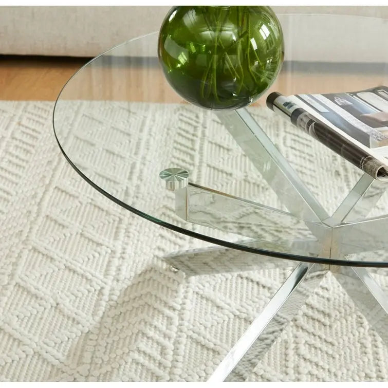 Table basse ronde en verre trempé avec pieds tubulaires en métal