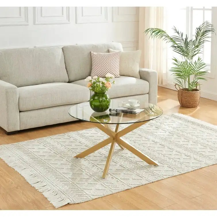 Table basse ronde en verre trempé avec pieds tubulaires en métal