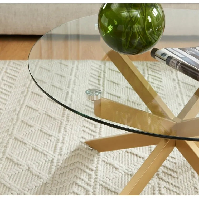 Table basse ronde en verre trempé avec pieds tubulaires en métal