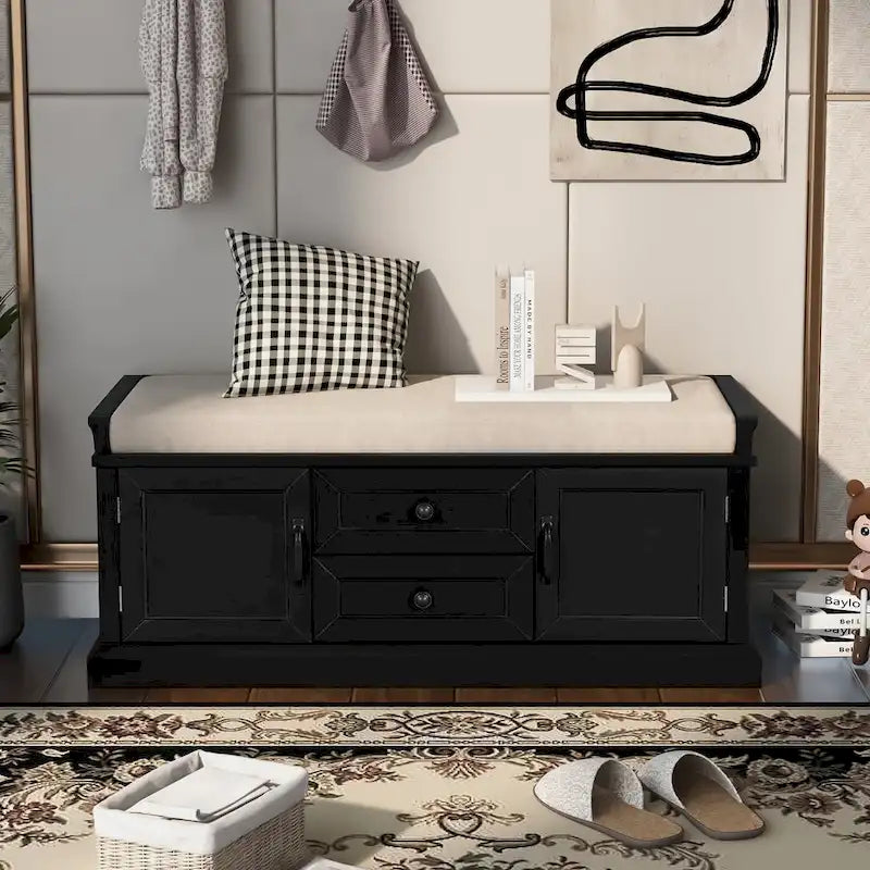 Banc de rangement d'entrée avec coussin, 2 tiroirs et 2 portes d'armoire