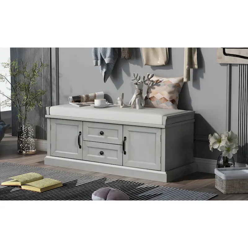 Banc de rangement d'entrée avec coussin, 2 tiroirs et 2 portes d'armoire