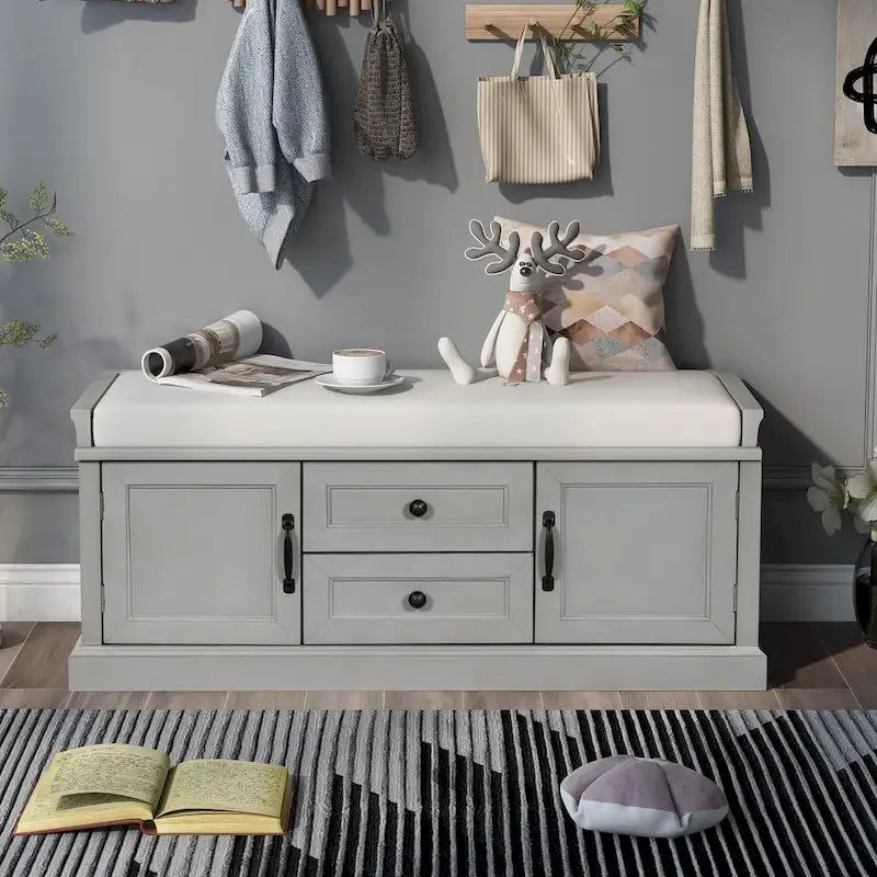 Banc de rangement d'entrée avec coussin, 2 tiroirs et 2 portes d'armoire