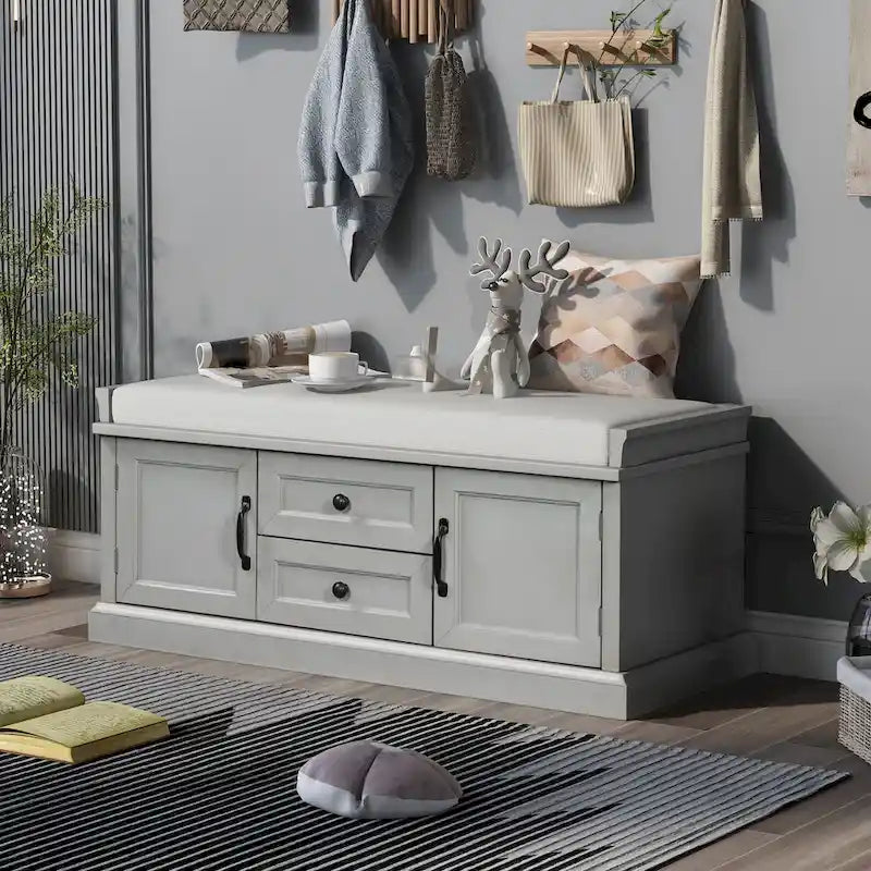 Banc de rangement d'entrée avec coussin, 2 tiroirs et 2 portes d'armoire