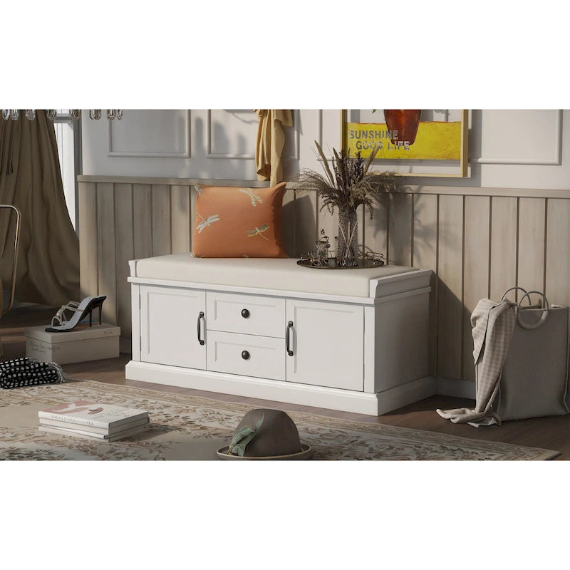 Banc de rangement d'entrée avec coussin, 2 tiroirs et 2 portes d'armoire