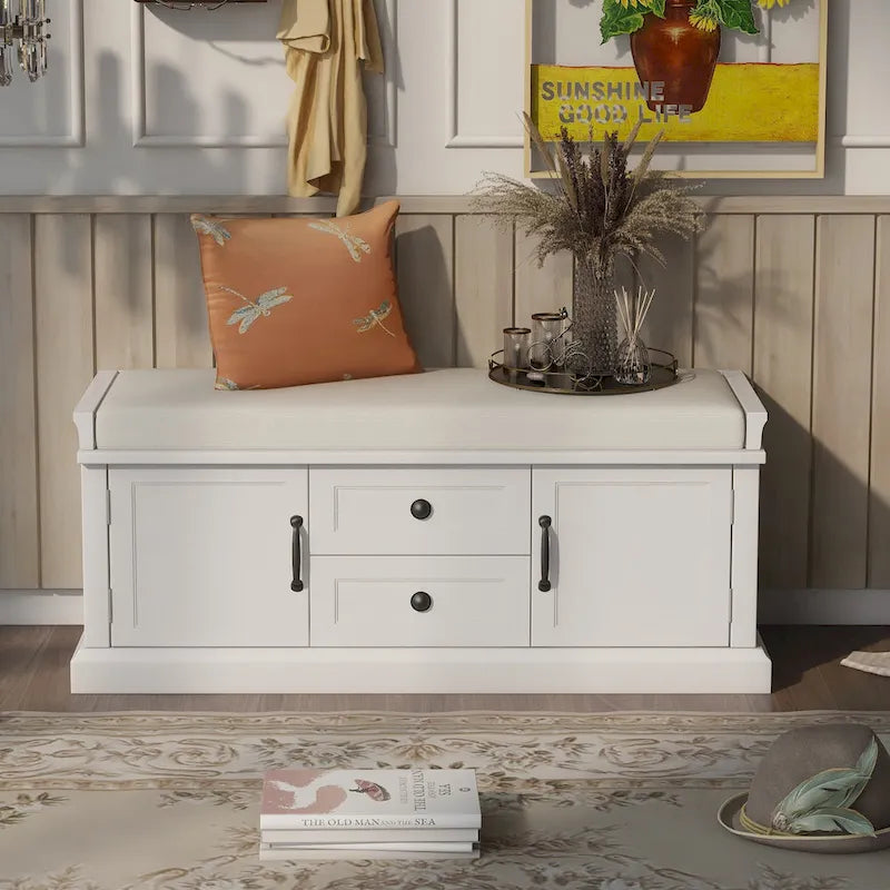 Banc de rangement d'entrée avec coussin, 2 tiroirs et 2 portes d'armoire