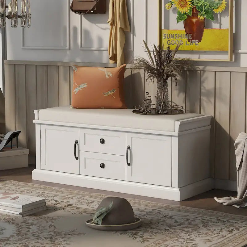 Banc de rangement d'entrée avec coussin, 2 tiroirs et 2 portes d'armoire