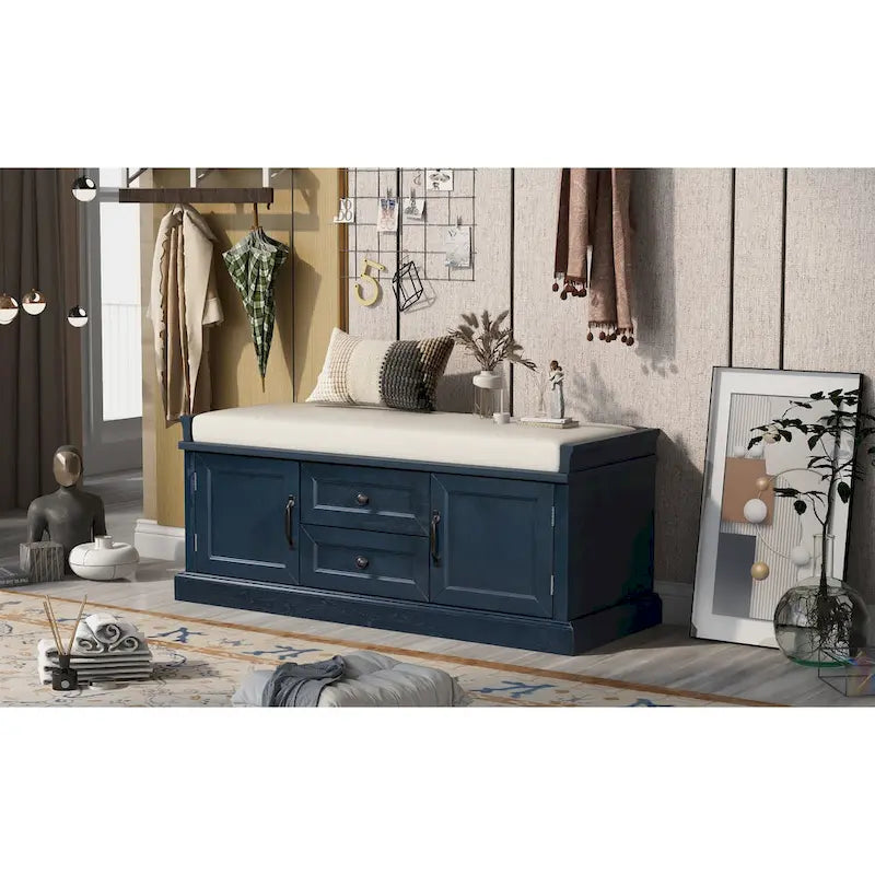 Banc de rangement d'entrée avec coussin, 2 tiroirs et 2 portes d'armoire