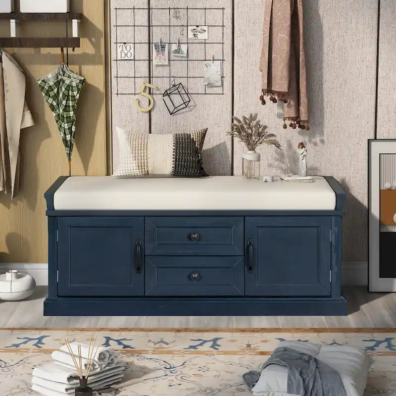 Banc de rangement d'entrée avec coussin, 2 tiroirs et 2 portes d'armoire