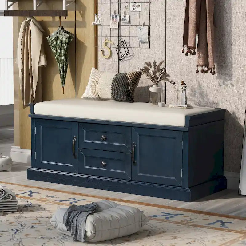 Banc de rangement d'entrée avec coussin, 2 tiroirs et 2 portes d'armoire