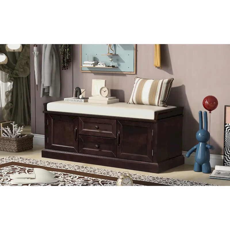 Banc de rangement d'entrée avec coussin, 2 tiroirs et 2 portes d'armoire