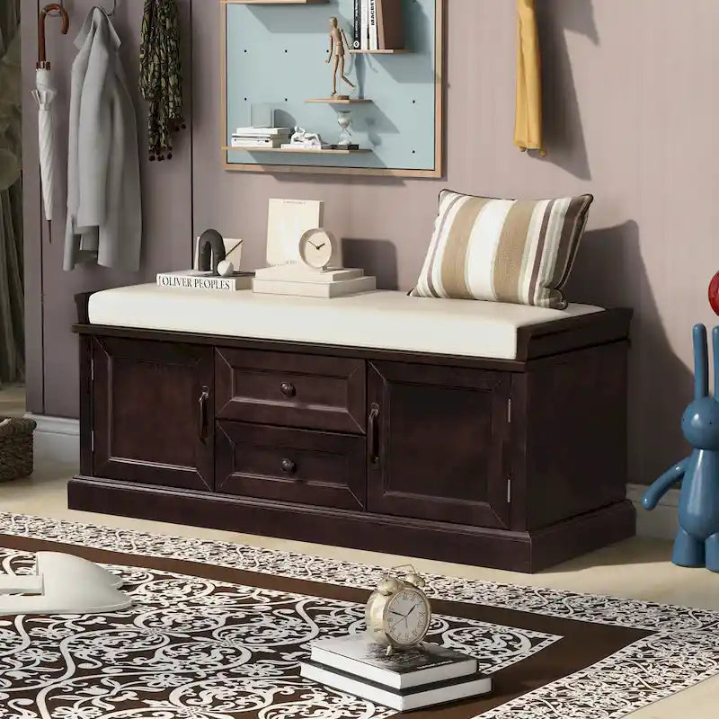 Banc de rangement d'entrée avec coussin, 2 tiroirs et 2 portes d'armoire