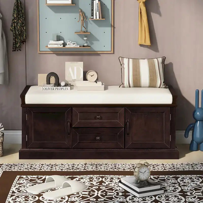 Banc de rangement d'entrée avec coussin, 2 tiroirs et 2 portes d'armoire