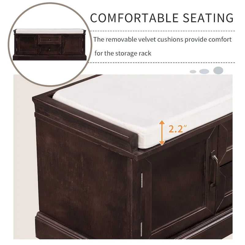 Banc de rangement d'entrée avec coussin, 2 tiroirs et 2 portes d'armoire