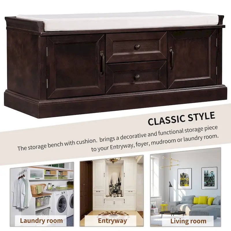 Banc de rangement d'entrée avec coussin, 2 tiroirs et 2 portes d'armoire