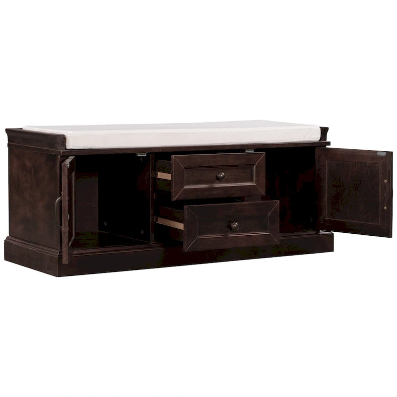 Banc de rangement d'entrée avec coussin, 2 tiroirs et 2 portes d'armoire