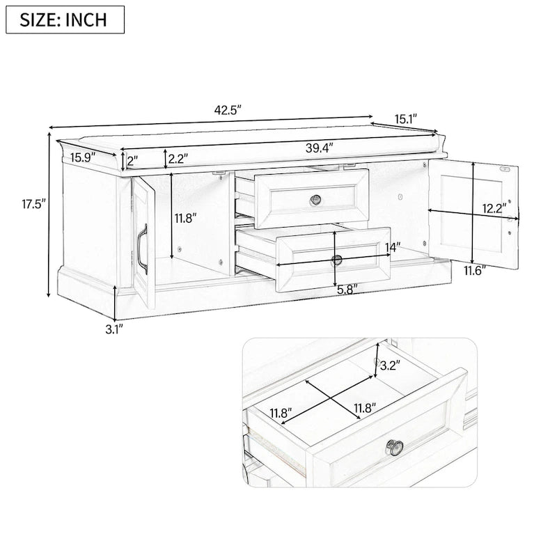 Banc de rangement d'entrée avec coussin, 2 tiroirs et 2 portes d'armoire