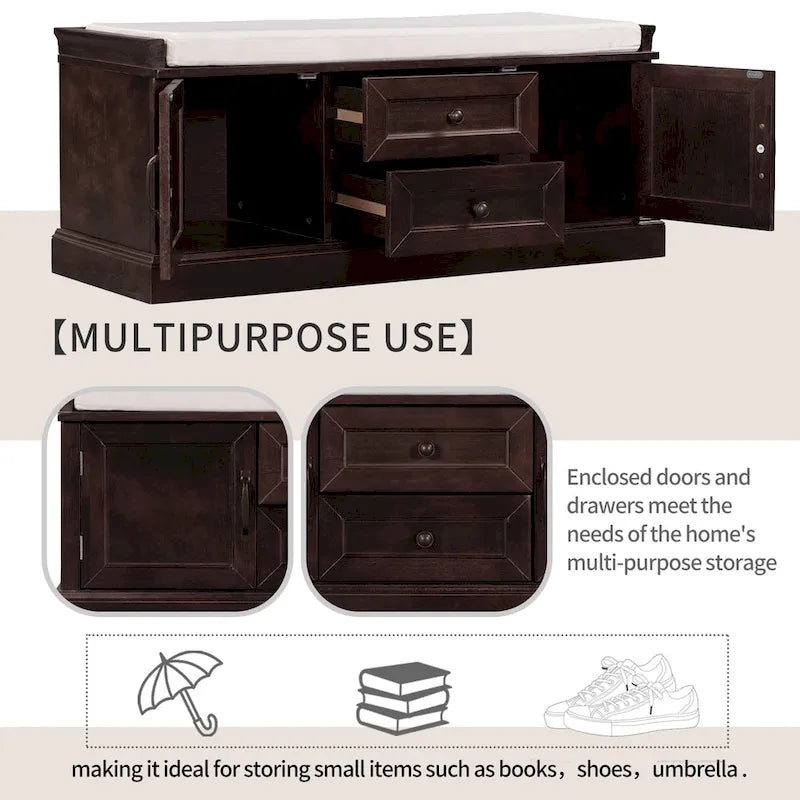 Banc de rangement d'entrée avec coussin, 2 tiroirs et 2 portes d'armoire
