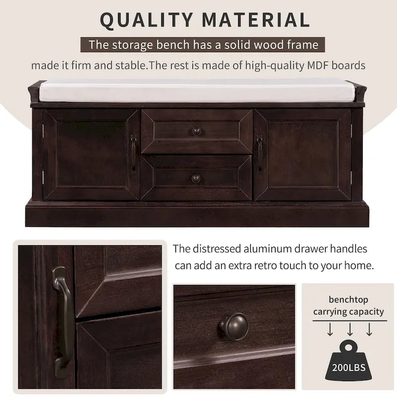 Banc de rangement d'entrée avec coussin, 2 tiroirs et 2 portes d'armoire