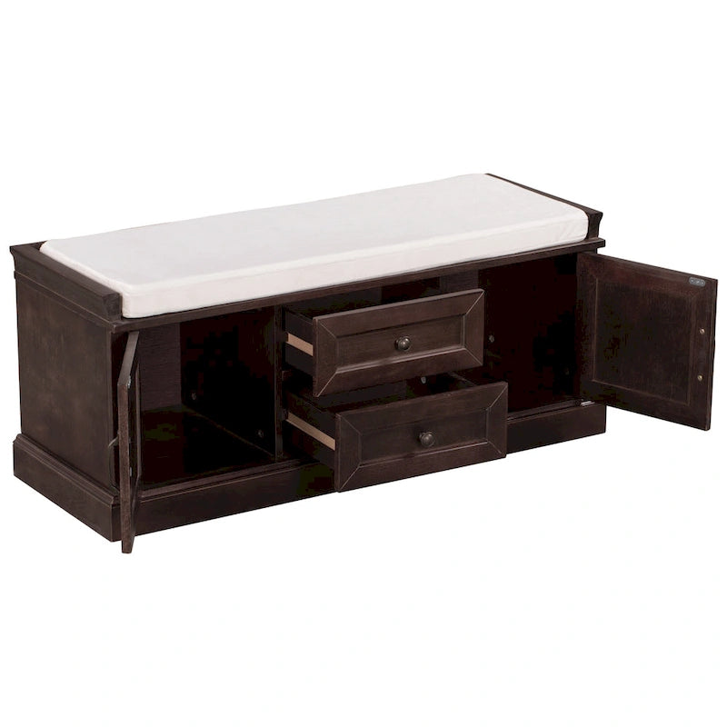 Banc de rangement d'entrée avec coussin, 2 tiroirs et 2 portes d'armoire