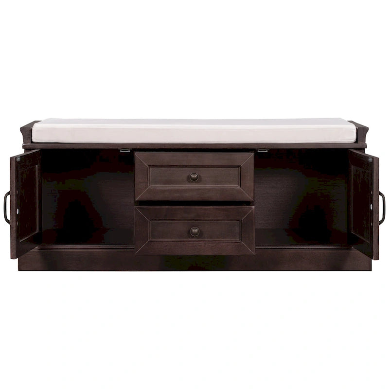 Banc de rangement d'entrée avec coussin, 2 tiroirs et 2 portes d'armoire