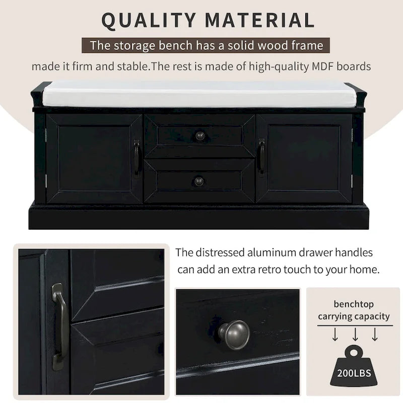 Banc de rangement d'entrée avec coussin, 2 tiroirs et 2 portes d'armoire